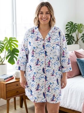 Printfresh White "Hit the Slopes" Leopard Ski-Print Sleep Shirt Dress NWT